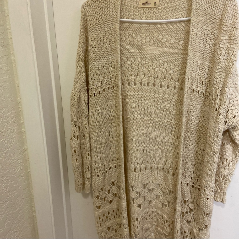 Hollister Women's Beige Crochet Fringe Open-Knit Cardigan Sz Med Open Sweater
